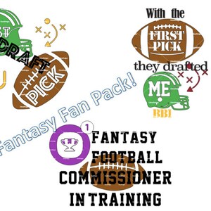 May include: A digital design featuring a football helmet, football, and text that reads "First Pick" and "Fantasy Football Commissioner in Training".