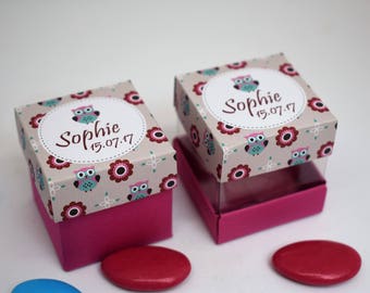 10 boxes dragees gift cube baptism "Owl" - Original and personalized dragees container for baptism little girl