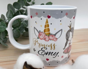 Mug Féerique Princess Unicorns personalized with photo and first name, Unbreakable child cup, cup school nursery house for girl