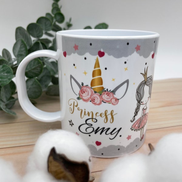 Mug Féerique Princesse Licornes personnalisé avec photo et prénom, Tasse enfant incassable, gobelet école crèche maison pour fille