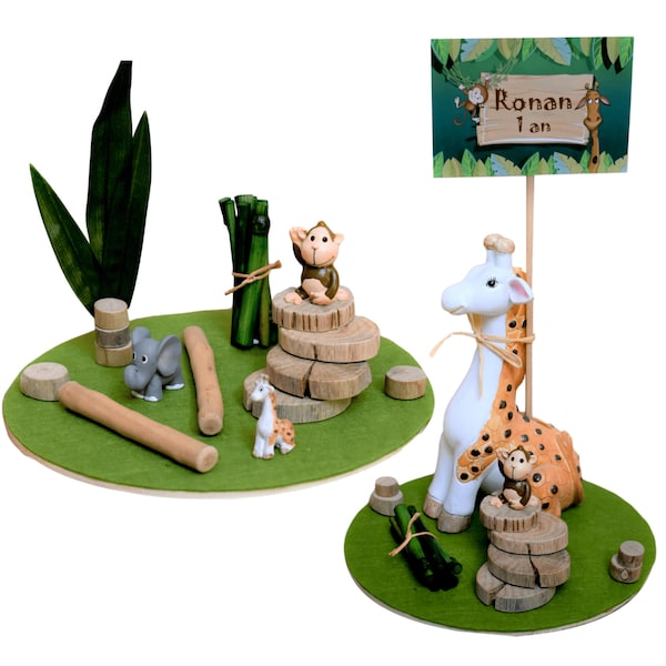 Centre de table personnalisé idéal pour décoration table ou salle  baptême ou anniversaire enfant thème "Jungle-zoo" animaux savane