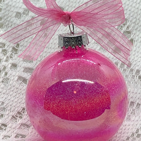 Neon Pink Iridescent Glass Glitter Sparkly Christmas Holiday Ornament