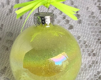 Neon Yellow Iridescent Glass Glitter Sparkly Christmas Holiday Ornament