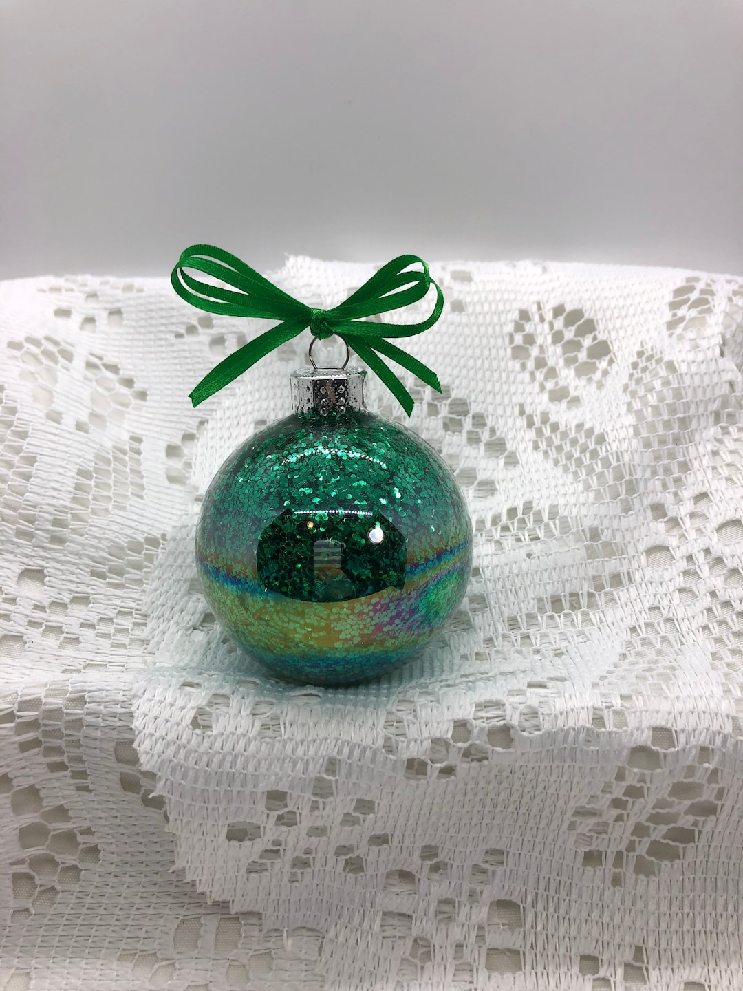 Dark Green Ornament Iridescent Glass Glitter Sparkly Christmas Holiday ...