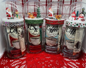 Christmas Holiday Decoration Candy Mason Jars Santa, Snowman, Christmas Themed Centerpiece Snowglobe
