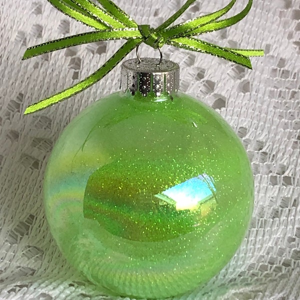 Neon Green Iridescent Glass Glitter Sparkly Christmas Holiday Ornament
