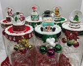 Christmas Holiday Decoration Candy Mason Jars Santa, Snowman, Christmas Themed Centerpiece Snowglobe