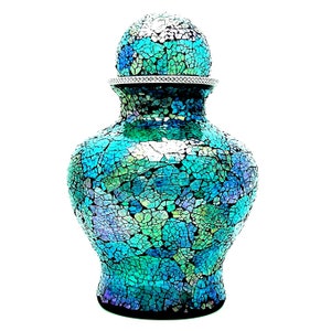 Mosaic Glass Cremation Urn, Aqua Blue, Human
