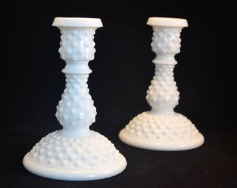 Fenton Milk Glass Hobnail Candlestick Holders