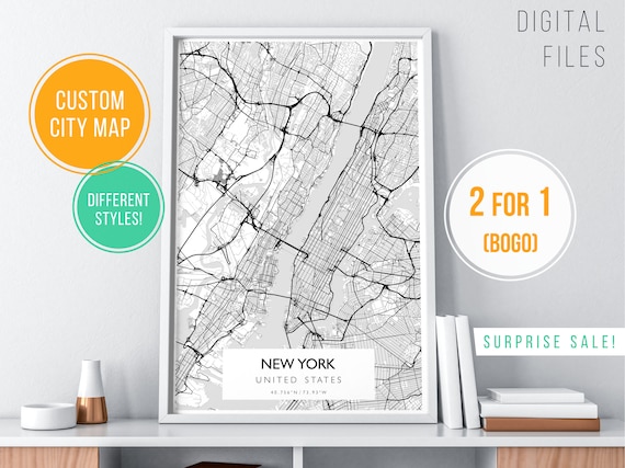 Custom Map Print | 2 for 1 | FATHER'S DAY SALE! Custom City Map Print City Map Art Custom Map Poster Digital Download