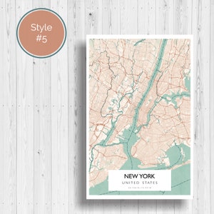 May include: A vintage style map of New York City, United States. The map is in shades of beige, brown, and green. The city's streets and waterways are clearly marked. The text "NEW YORK" and "UNITED STATES" is printed at the bottom of the map.