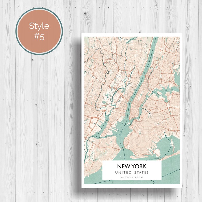 May include: A vintage style map of New York City, United States. The map is in shades of beige, brown, and green. The city's streets and waterways are clearly marked. The text "NEW YORK" and "UNITED STATES" is printed at the bottom of the map.
