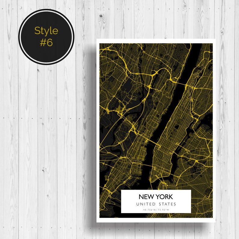 May include: A black and yellow map print of New York City, United States. The map shows the city streets and waterways. The text "NEW YORK" and "UNITED STATES" is printed in white at the bottom of the map.