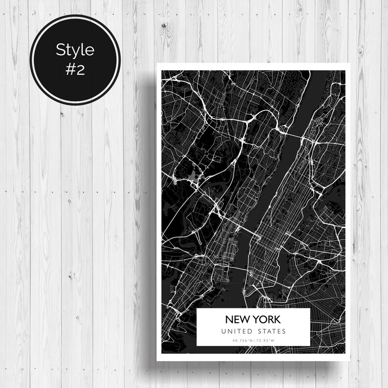 May include: Black and white map print of New York City, United States. The map shows the streets and waterways of the city. The text "NEW YORK" and "UNITED STATES" is printed at the bottom of the map.