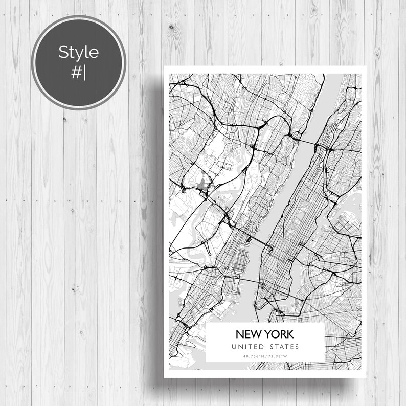May include: A black and white map of New York City, United States. The map shows the streets and waterways of the city. The text "NEW YORK" and "UNITED STATES" is printed below the map.