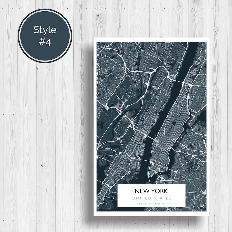 May include: A black and white map of New York City, United States. The map shows the city's streets and waterways. The text "NEW YORK" and "UNITED STATES" is printed below the map.