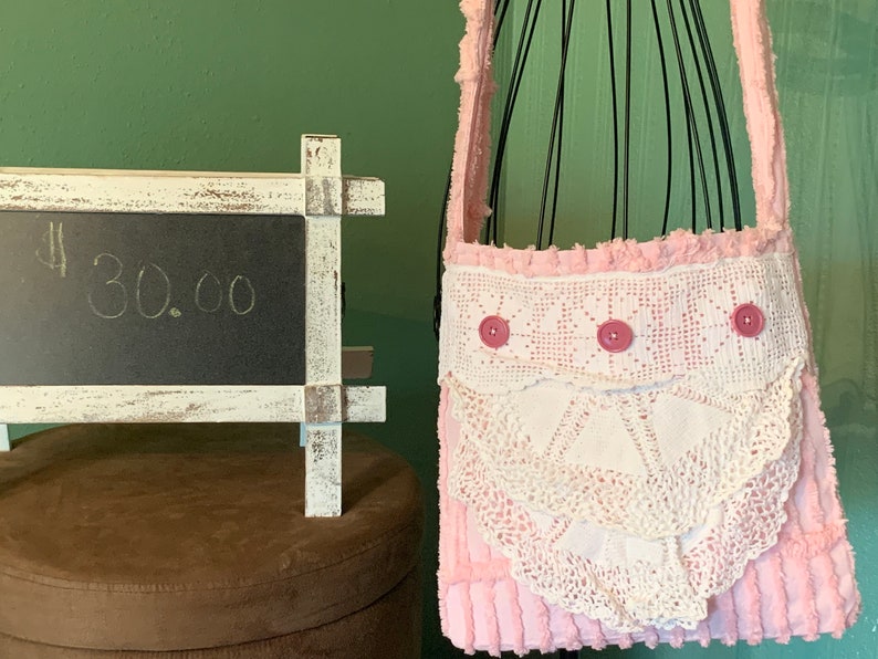 Vintage chenille tote bag doily and lace purse