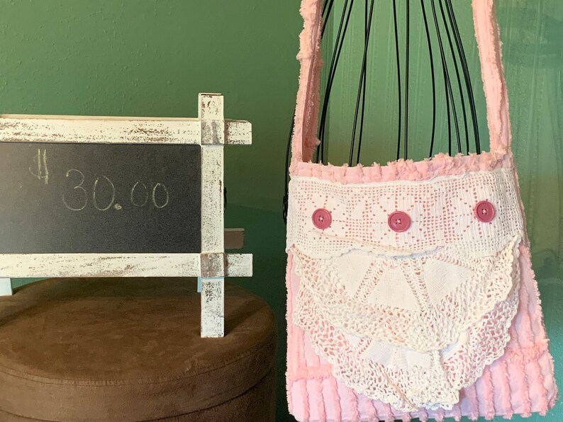 Vintage chenille tote bag doily and lace purse