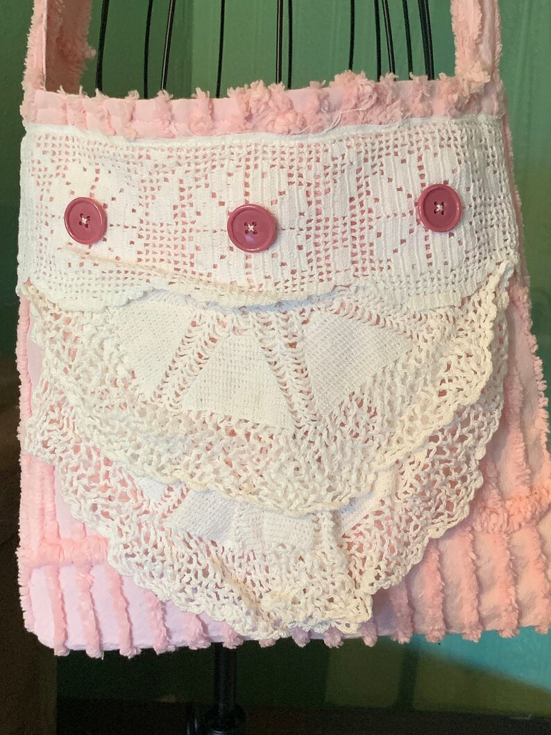Vintage chenille tote bag doily and lace purse