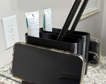 Organizador de baño con soporte para teléfono – Montaje en espejo con ventosa (3 compartimentos)