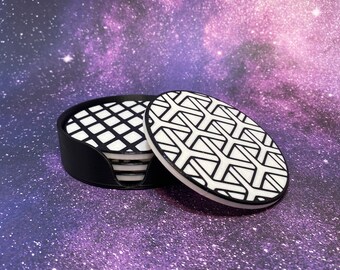 Geometric 3D Printed Coasters with Holder - Set of 4