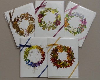 Set of 5 Wreath Botanical Note Cards, 4.25" x 5.5" Card + Matching Envelopes