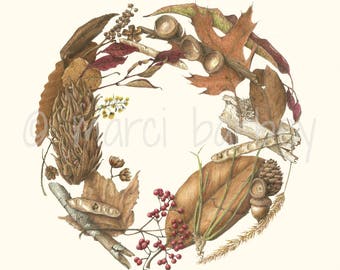 Botanical Art Print - Winter Wreath - with Seed Pods, Acorns, Pinecones, Leaves, Twigs & Berries