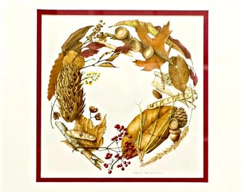 Matted Botanical Art Print - Winter Wreath - 12"x12" with Seed Pods, Acorns, Pinecones, Leaves, Twigs & Berries