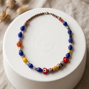 18" Antique Indonesian Java Beads Necklace – Turkish Evil Eye Hearts, Copper Ghana Beads