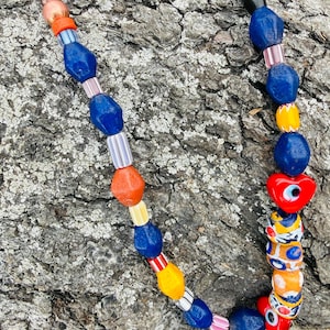 18" Antique Indonesian Java Beads Necklace – Turkish Evil Eye Hearts, Copper Ghana Beads