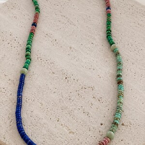 Long Artisan Beaded Necklace | Lapis Lazuli, Turquoise, Rhodochrosite & Ancient Java Beads | Evil Eye Boho Statement Necklace
