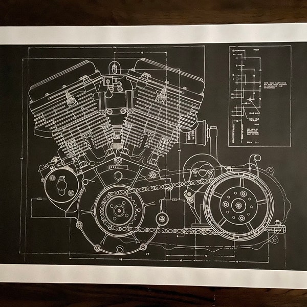 Harley Davidson Panhead Blueprint Art 28”x40” KeyWords: Poster Photo Print Sign Vintage Motorcycle Motor mancave Collectible Memorabilia FLH