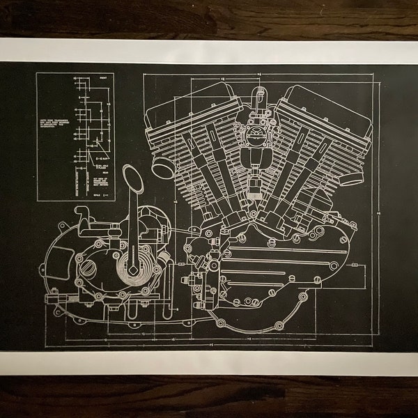 Harley Davidson Panhead Blueprint Art  28”x40” KeyWords: Poster Photo Print Sign Vintage Motorcycle Motor Mancave Collectible Memorabilia