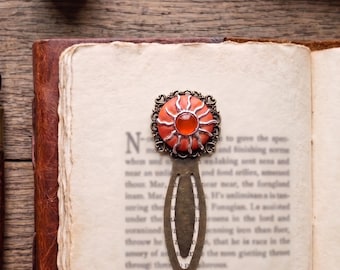 Vintage style celestial sun silver bronze tone bookmark / metal sun book mark polymer clay celestial orange bookmark reading book accessory