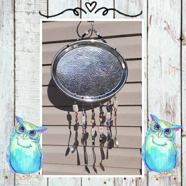 Decorative Silverplate dish tray wind chime / owl chime / teapot wind chime / silverware windchime - owls