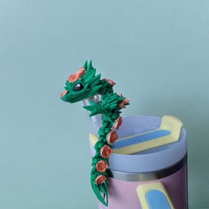 Painted 3D rose flower dragon straw cap / 3d printed dragon animals / floral dragon tadling straw topper cover Fidget figurines