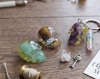 Faux moss crystal skull beaded keychain / mossy opal amethyst rose quartz skull keychain gift