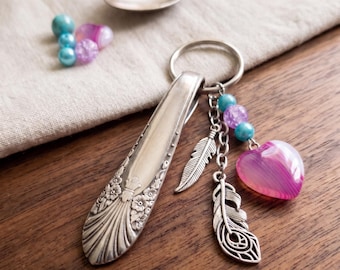 Upcycled silverplate silverware floral beaded keychain / recycled spoon keychain gift feather heart