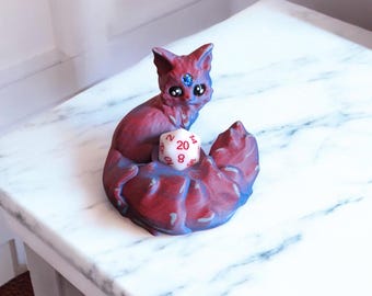 3D printed and painted cat kitten dice guardian / 3d printed cat dice guardian / 3d printed d20 dice holder storage