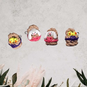 Kawaii chics in basket charms / polymer clay baby chicken charms / bunny in basket easter charms / kawaii chic bunny jewelry stitch marker