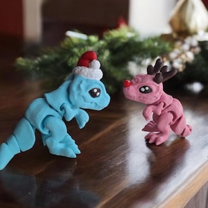 Painted 3D articulated festive tiny t-rex / 3d printed santa t rex dinosaur dino animals / dinosaur knick knack Fidget figurines