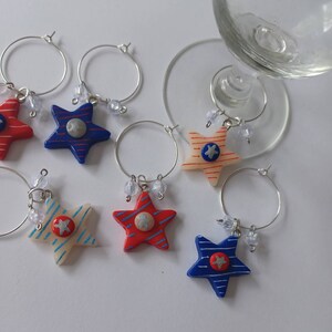 Set of 6 Red white blue star wine charms / 4th of July wine charms / patriotic wine charms / set of 6 polymer clay wine charms