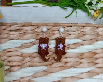 Kawaii otter earrings / polymer clay otter with heart earrings / kawaii floral jewelry / clay otter with flower earrings