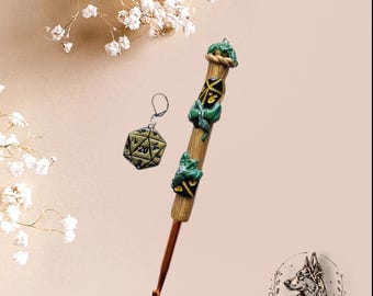 Aguja de crochet d20 con dados negros y dorados de arcilla polimérica / aguja de crochet con forma de dragón / accesorio para tejer con aguja de crochet con dados de dragón kawaii de arcilla