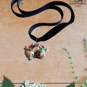 Polymer clay floral deer pendant / handmade hand molded sleeping baby deer fawn pendant necklace gift statement jewelry rose