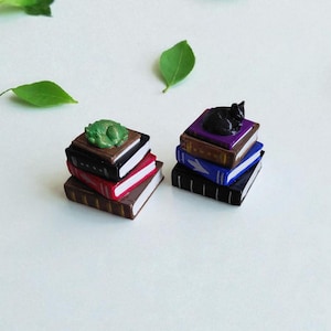 Könnte beinhalten: Zwei Stapel Miniaturbücher, einer mit einer grünen Drachenfigur und der andere mit einer schwarzen Katzenfigur. Die Bücher sind in verschiedenen Farben gehalten, darunter Braun, Rot, Schwarz, Blau und Lila. Grüne Blätter sind verstreut.