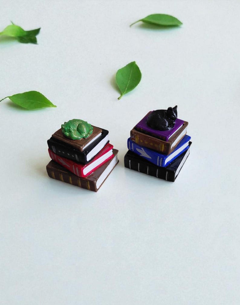 K&ouml;nnte beinhalten: Zwei Stapel Miniaturb&uuml;cher, einer mit einer gr&uuml;nen Drachenfigur und der andere mit einer schwarzen Katzenfigur. Die B&uuml;cher sind in verschiedenen Farben gehalten, darunter Braun, Rot, Schwarz, Blau und Lila. Gr&uuml;ne Bl&auml;tter sind verstreut.