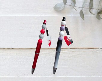 Cute set of 2 silicone beaded book horror pen with tassel / red black horror beaded pen / office writing school supplies gifts