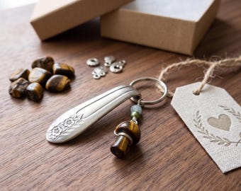 Upcycled silverplate silverware floral beaded keychain / recycled spoon keychain gift tiger eye mushroom toadstool