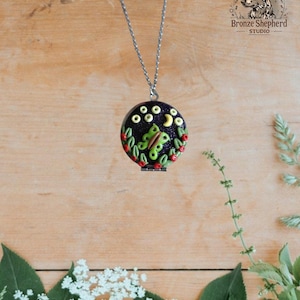 Polymer clay round locket necklace / handmade hand molded luna moth pendant / luna moth floral garden jewelry gift
